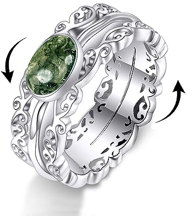 POPLYKE Blatt Moos Achat Fidget Ringe für Angst 925 Sterling Silber Moos Achat Spinner Ringe für Damen Anti Stress Stimmung Ringe Geschenke Band Breite 8#