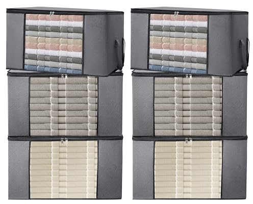 ALPOONS® - Bolsa de almacenamiento (90 L, 6 unidades) hecha de tela no tejida transpirable de 150 g/m² extra gruesa para guardar ropa, bolsa de almacenamiento para edredones que mantiene el orden en