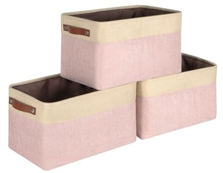 Syeeiex Fabric Storage Basket [3-Pack], Large Baskets with Leather Handles, Storage Boxes for Shelves, Foldable Baskets for Organizing Toys, Clothes, Office (Pink)