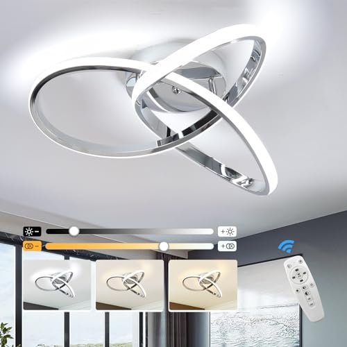 EIDISUNY Led Ceiling Light Dimmable, Modern Led Ceiling Lamp with Remote Control, Minimalist Chrome Ceiling Lights for Bedroom Kitchen LivingRoom Dining Office Hallway - 42W, Silver, 40cm, 3000K-6000K