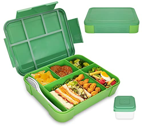 IJIAMY Bento Lunch Box Kids, Bento Box Lunch Box Adults with 5 Compartments and 1 Salad Dressing Containers, Snack Box for Kids and Adults Work School (Green)