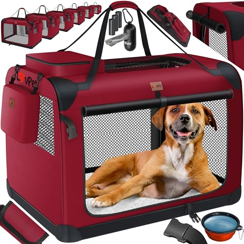 Lovpet® Boîte de transport pliable pour chien avec gamelle + 45 sacs à déjections canines, L, 70 x 52 x 52 cm, sac de transport pour animaux de compagnie, chiens et chats - Bordeaux / Rouge