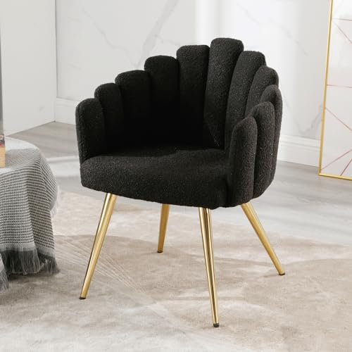 Wahson Fauteuil Salon Moderne Fauteuil avec Pied Doré, Fauteul Design Salon en Bouclette Rembourré Fauteuil Coiffeuse pour Salon/Chambre, Noir