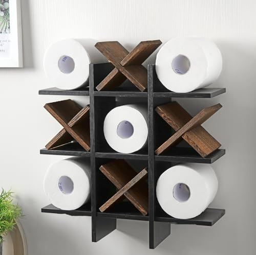 Weysat Tic Tac Toe Toilettenpapierhalter, Ständer, Badezimmer, Wanddekoration, rustikale Holzaufbewahrung, freistehend, wandmontierte Regale, Dekoration für Toilettenpapier, Bauernhaus