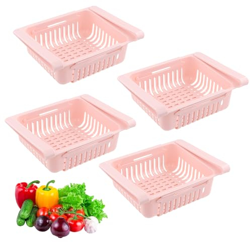 Ehuihuan 4 Pièces Boite de Rangement Frigo, Organisateur Frigo Escamotable, Rangement Frigo Rétractable, Accessoires Frigo Organiseur pour Cuisine, Armoires, CongéLateur, Garde-Manger (Rose)