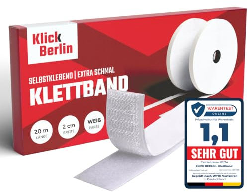 Klick Berlin Klettband Selbstklebend Schmal und Extra Lang | 2 cm x 20 m | Klett Klebeband klebt auf vielen Flächen | Klettverschluss | 20 mm breit, 20 Meter lang | Weiß