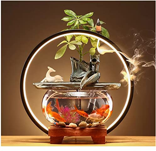 Fontaine De Table Fontaine de Table intérieure relaxante avec Aquarium en Verre, Base en Bois et lumières LED, Fonction d'eau intérieure relaxante de Table Zen Fontaine Cascade Intérieure(D)