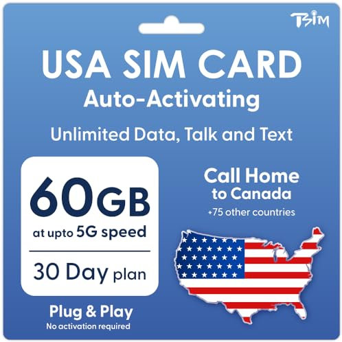 USA SIM Card for UK Phone 30 Days | Auto-Activating Preloaded using 5G T-Mobile network | Call home for free | Unlimited Data/Talk/Text With Tethering/HotSpot/Internet Sharing (60GB @ High-Speed)
