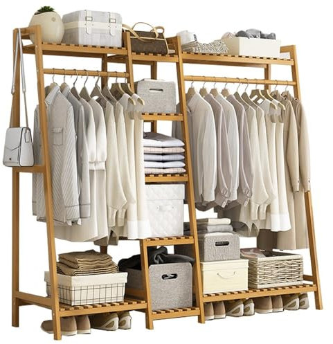 Großer Kleiderständer, Kleiderständer zum Aufhängen von Kleidung, Kleiderstange aus Bambus, offener Kleiderschrank, freistehend, 9 Regale, Schrank-Organizer zur Aufbewahrung von Kleidung und