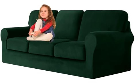 ZYBSLCSY Ektorp Sofabezug, Stretch Anti-Rutsch Couchbezug Mit Elastischen Riemen, Separatem Sitzkissenbezug Rückenlehnen Samtstoff Sofaschutz FüR Kinder, Haustiere (Dark Green,3 Seater 7pcs)