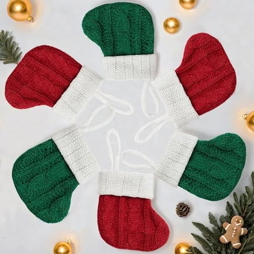 MORAINJAY 6pk Mini Christmas Stockings,4.3inch Knit Xmas Stockings,3 Pairs Red&Green Small Bulk Christmas Socks Hanging Decorations,Christmas Tree Ornaments,Family Holiday Party Decor Supplies
