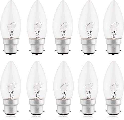 Candle Light Bulb Bayonet 40W, Pack of 10 BC Bayonet B22 Fitting Candle Light Bulbs, Clear Warm White 2700K, 230V