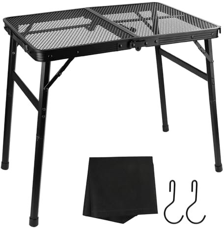 lalago 60x40cm Table de Camping Réglable en Hauteur 27/56cm, Petite Table de Bar Pliante avec Filet de Bureau, Table Portable Multifonctions, Table de Tapissier Alu Noir pour Pique-Nique Barbecue