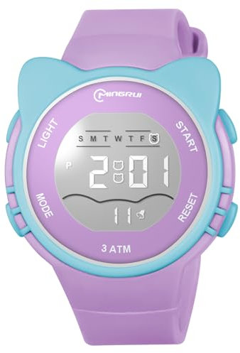 OFFCUP Digital Uhren für Kinder, Wasserdicht Kinderuhr Digital, Kinder Silikon Armbanduhr mit Katzenmotiv Sports Outdoor Digitaluhr mit Wecker Datum Stoppuhr Led Lichter Uhr -Lila