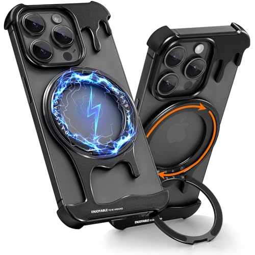 NIFBANG Frameless Case for iPhone 16 Pro Max Phone Case, Metal Kickstand 360° Rotatable Magnetic Stand,Aluminum Minimalist Bezel Less Bumper Shockproof Protective Cover for iPhone 16 Pro Max(Black)