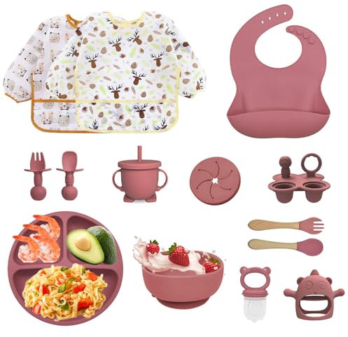 Bizcasa Vajilla Bebe Silicona, 14 Piezas Vajilla de Silicona para Bebés Antideslizante,Vajilla de aprendizaje para comer destete con Plato Cuenco Babero Taza Mordedor Fruta Bebe, Sin BPA (Rosa oscuro)