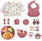 Bizcasa Vajilla Bebe Silicona, 14 Piezas Vajilla de Silicona para Bebés Antideslizante,Vajilla de aprendizaje para comer destete con Plato Cuenco Babero Taza Mordedor Fruta Bebe, Sin BPA (Rosa oscuro)
