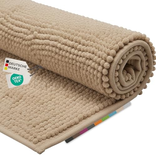 NYVI Badematten Set 2 teilig NYVISpa Chenille 45x50 + 50x80 cm Beige Badematte & WC-Vorleger - Badezimmerteppich Set - rutschfest, Saugfähig, Schnell Trocknend, Fußbodenheizung geeignet, Oeko-TEX