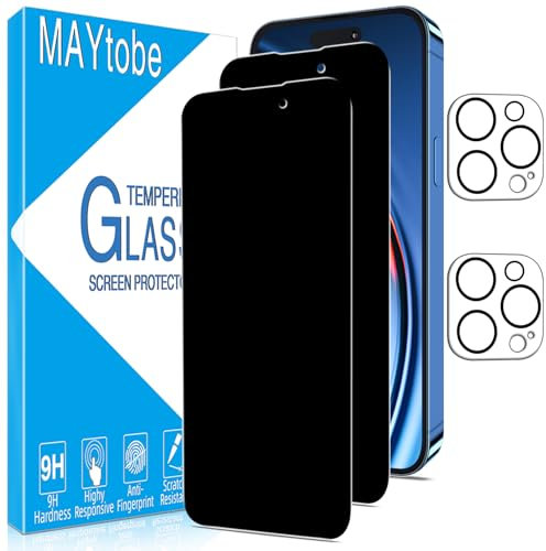 MAYtobe 2 Pack Privacy Screen Protector for iPhone 14 Pro with 2 Pack Camera Lens Protector, Anti Spy Tempered Glass, Case Friendly, Anti-Scratch, Ultra Resistant, No Bubbles