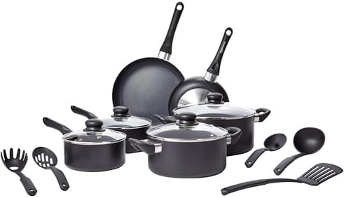 Amazon Basics Non-Stick Pot and Pan Set, Ceramic Cookware, Soft-Touch Handles, Spiral Bottom, 15-Piece with Utensils, Black