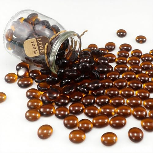 ginojex Perles en verre de 1 kg pour remplissage de vase, gravier, décoration d'aquarium, pierres précieuses en verre plat, galets, pierres d'aquarium, décoration d'intérieur – Ambre