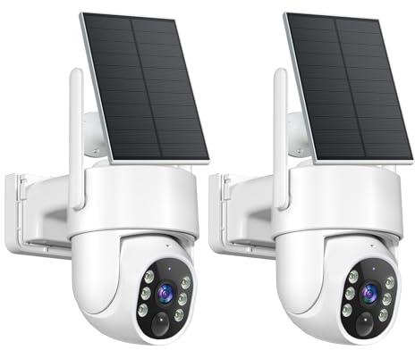 JUFLSKY Solar Security Camera Outdoor Wireless, 2K Home 360° Built-in Battery Operated CCTV Surveillance Cam, 2.4G/5G WiFi & PIR Motion Detection & 2-Way Audio Colour & Night Vision，2 pack