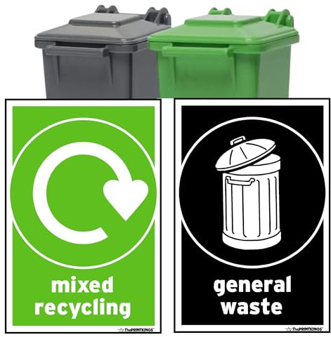 Print Kings Recycling Bin Signs self adhesive for Bins 12x pack - 2 Design, 150mm x 100mm, Vinyl Stickers, Waterproof Decals, Indoor Outdoor General Waste Signs – Mixed Waste, Made in UK.