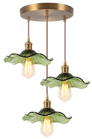 LIGINOK 3 Lampe Suspendue en Verre Intérieure Moderne Vert Fleurs E27 Suspension Luminaires Vintage Laiton Doré Lustre Réglable en Hauteur pour Salon Chambre Cuisine