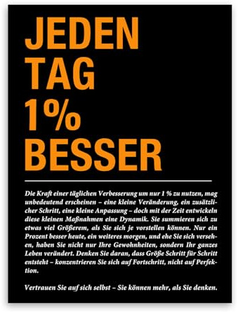 Motivation Poster Schwarz Büro Deko, Leinwand Wandbild mit „Jeden Tag 1% Besser“ Wanddeko, Positives Poster Motivation, Inspirierende Büro Bilder Klassenzimmer Deko für Kollegen, ohne Rahmen40*30