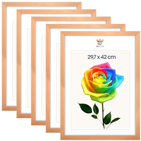 MG Design 5er Set Bilderrahmen A3 29,7 x 42 cm – Posterrahmen mit Natur Echtholzrahmen und bruchsicherem Acrylglas, Hoch & Quer mit stabiler Wandaufhängung