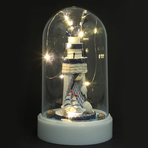 Leuchtturm Nachtlampe aus Kunstharz, LED, Warmes Licht für Zuhause | Maritime Deko, Mediterraner Stil, Schlafzimmer und Tisch, Kunststoffanteile, Dekorative Leuchtturmfigur