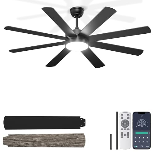 Ohniyou Ventilatore da Soffitto da 152 cm con Luce, Silenzioso, Ventilatori da Soffitto Moderni con Telecomando/app, Luce Regolabile, Motore DC Reversibile per Soggiorno Terrazza Interni Esterni, Nero