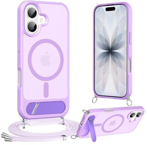 Jrkvniv Cover Magnetica per iPhone 16 6,1 Pollic con Cordino [Supporto integrato] Custodia con Laccio Tracolla Regolabile Collana, Protezione Antiurto di Livello Militare Case Traslucida Opaca, Viola