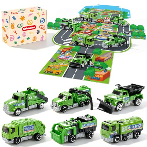 Solalalam Diecast Mini Garbage Truck Toys & City Map Kids Play vehicles | 6PCS Die Cast Bin Lorry Toy Truck & Play Map, Multi Model Cleaning Toy Cars for Preschool Learning Storybook Companion Age 3+