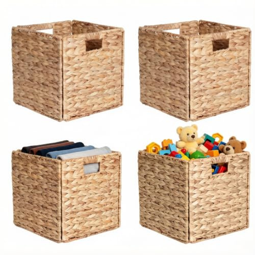 Aolawco 4 Stück Korb Geflochten Aufbewahrungskorb, Faltbar Kallax Weidenkorb zur Aufbewahrung, 30 x 30 x 30cm Stabiler Korb Aufbewahrung mit Tragegriffen für Regale, Speisekammer, Bäder, Wohnzimmer