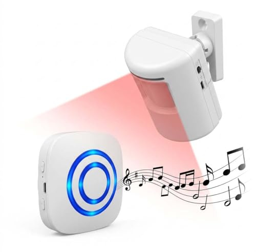 Snugloo Timbre Inalámbrico con Sensor de Movimiento PIR y Receptor | Detector de Presencia, 38 Melodías y 4 Niveles de Volumen, Alarma de Entrada para Puerta, Pasillo, Tienda, Oficina y Hogar