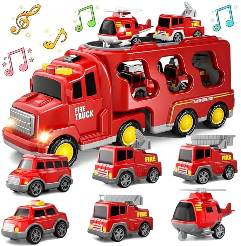 Dcceeo 7-in-1 Feuerwehrauto Spielzeugset, Feuerwehr LKW mit Geräuschen und Lichtern Reibungsbetriebene Transporter mit 6 Mini Feuerwehrfahrzeugen Geburtstagsgeschenke für Jungen Mädchen 2 3 4 5 Jahre