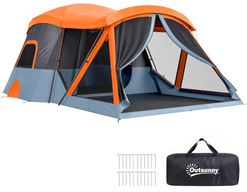 Outsunny Tunnelzelt 4 Personen Stehhöhe 3000-mm-Wassersäule Orange+Blau | Familienzelt, Schlaf- und Wohnzimmer, Dachfenstern, Bodenplane, Wasserdicht, Tragetasche, Campingzelt für Cmping