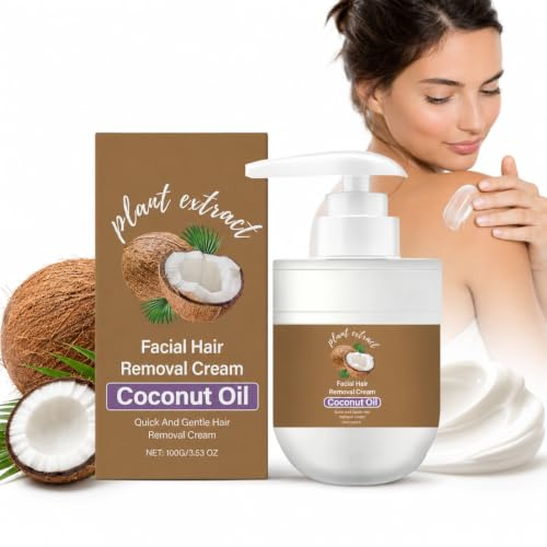 Hair Removal Cream with Coconut Oil, Gentle Depilatory Facial Hair Remover for Women, Upper Lip, Chin & Face Hair Remover, Smooth Skin Hair Removal Cream with Pump Bottle for Home Use 100g