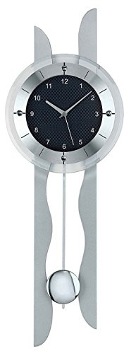 AMS 5243 Wanduhr mit Pendel, Silberfarbenes Metallgehäuse, Schwarzes Zifferblatt, Funkwerk, 24 x 70 x 7 cm