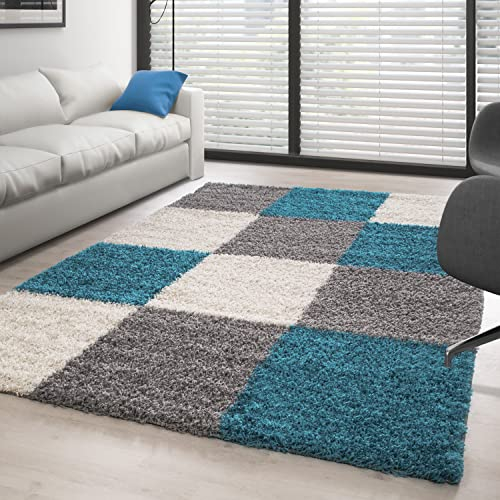 Carpettex Hochflor Teppich - Wohnzimmer Shaggy Flokati Modern Kariert Design 120 x 170 cm Türkis - Schlafzimmer Weich Flauschig Waschbar - Küche Esszimmer Langflor