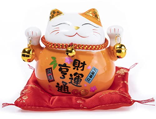 lachineuse - Katze Maneki Neko – Spardose Glücksbringer Japanisch – Traditionen aus Asien – Colori Orange – Porzellan – Dekorative und Geschenkidee Japan Asien – Schutz, Glück und Glück