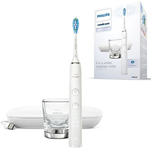 Philips Sonicare DiamondClean 9000 elektrische Zahnbürste, Schallzahnbürste mit App, Drucksensor, 4 Putzmodi, 3 Intensitätsstufen, Ladeglas und USB-Reiseetui, Weiß, Modell HX9911/27
