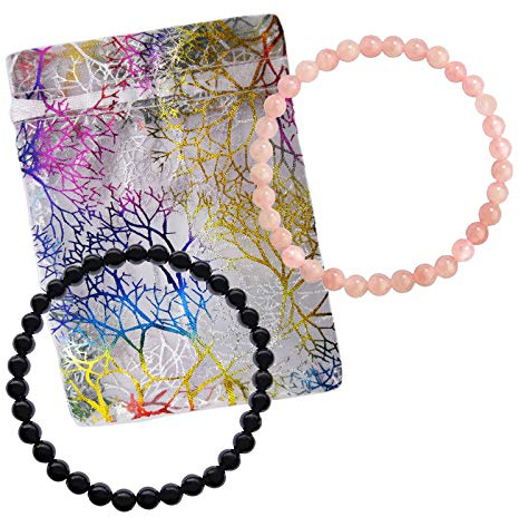 SCHUNGIT Shungite + ROSENQUARZ 2x ARMBAND 6mm Kugel Armbänder Edelstein Schmuck für SCHUTZ & HERZ CHAKRA - Liebe - Treue - Harmonie - Energie - Entspannung + TÄSCHCHEN. 95040-1