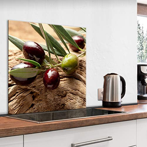 murando Spritzschutz Glas für Küche 60x60 cm Küchenrückwand Küchenspritzschutz Fliesenschutz Glasbild Dekoglas Küchenspiegel Glasrückwand Obst und Gemüse Oliven - j-B-0092-aq-a