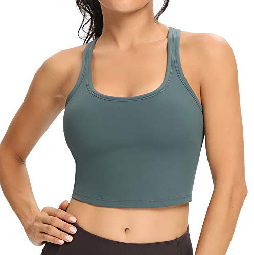 Lemedy Damen Racerback Sport-BH Abnehmbar Gepolstert Workout Yoga Crop Tank Top, Grau / Grün, small