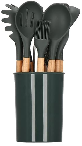 SPRINGOS Lot de 12 ustensiles de cuisine Équipement de base pour la cuisine en bambou et silicone (graphite).