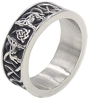TQWSVUM Herren Edelstahl Wikinger Wolf Celtic Triquetra Symbol Ring, Nordische Mythologie Odin Fenrir Tier Amulett Ring, Handgefertigter vintage Polierter Gothic Stil Schmuck Style(11)