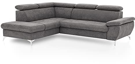 Mivano Eckcouch Gisele / Ecksofa mit Schlaffunktion, Stauraum, Armteilfunktion und Kopfteilverstellung / 256 x 83 x 209 / Velours, Dunkelgrau