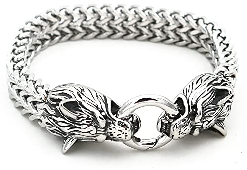 JAOYU Viking Wolf Head Bracelet for Men Stainless Steel King Chain Norse Jewelry Biker Amulet Odin's Wolf Bracelets